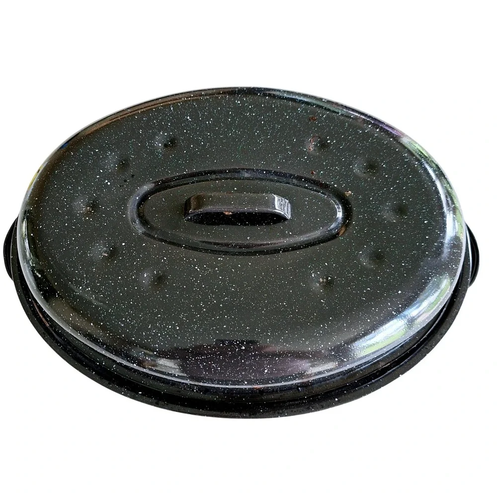 Vintage Granite Ware Black Speckled Covered Oval Roasting Pan with Lid